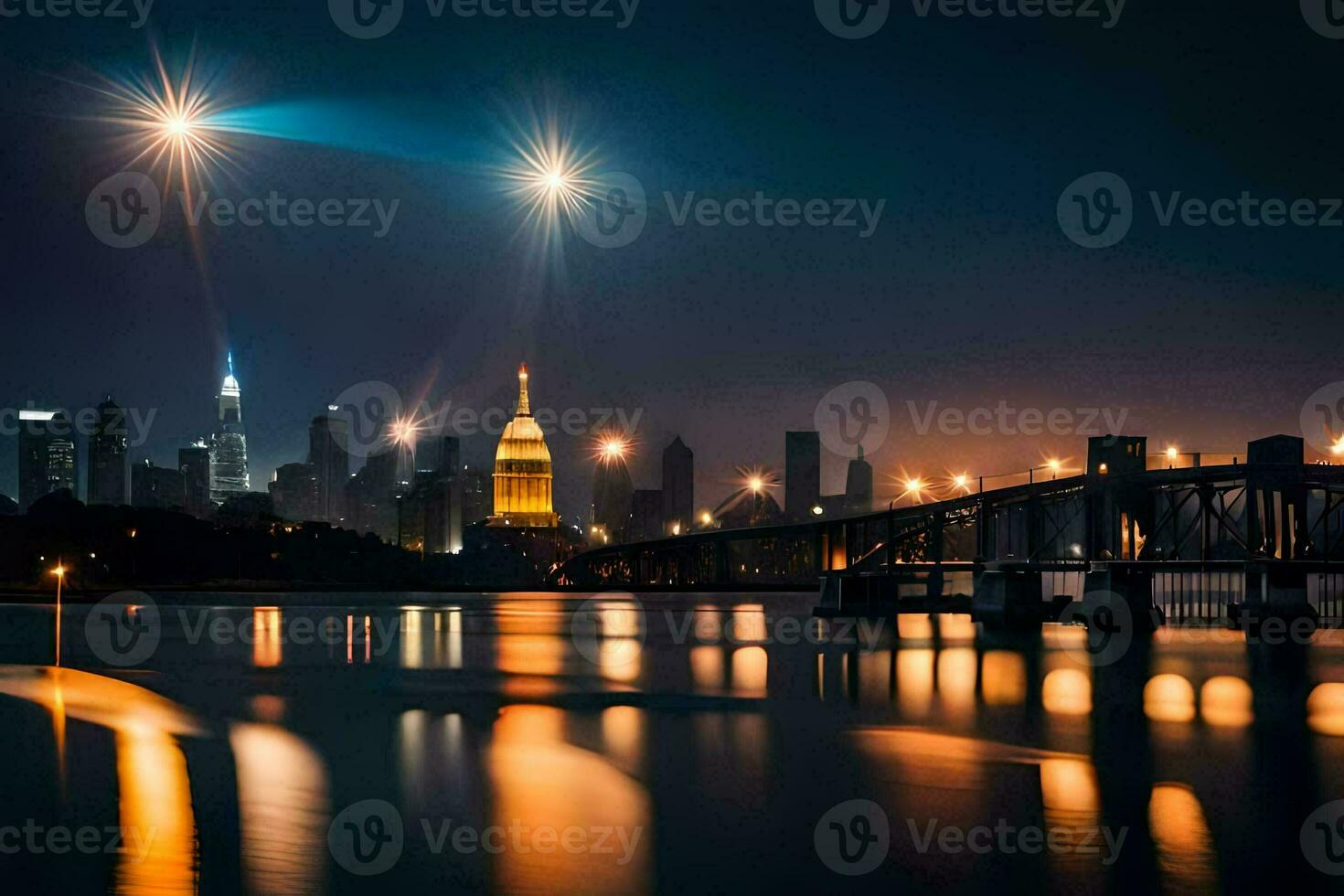 el ciudad horizonte es iluminado arriba a noche con estrellas brillante. generado por ai foto