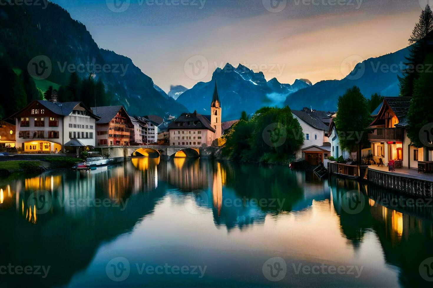 el pueblo de hallstatt, Austria. generado por ai foto