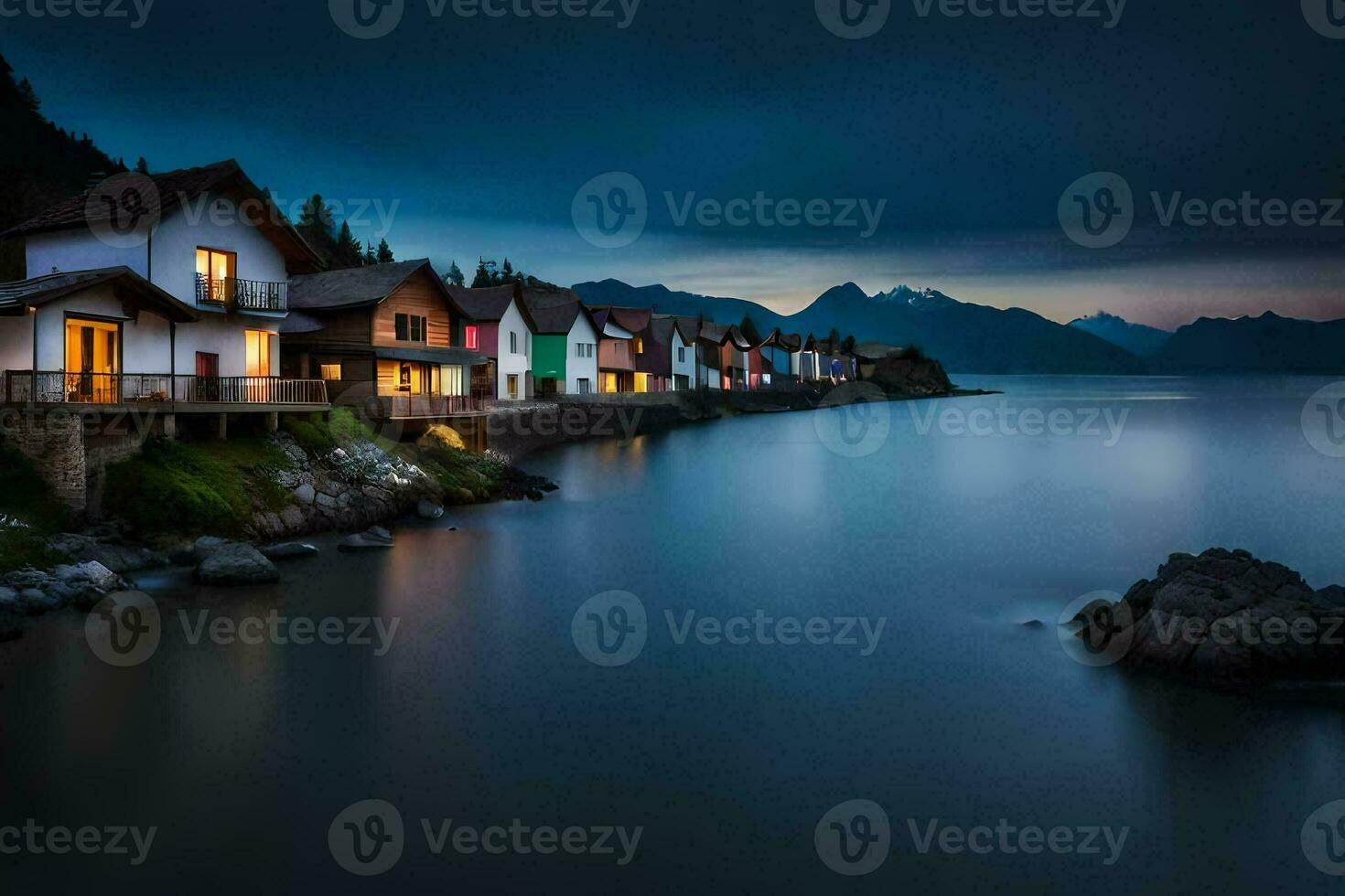 a row of houses on the shore of a lake. AI-Generated photo