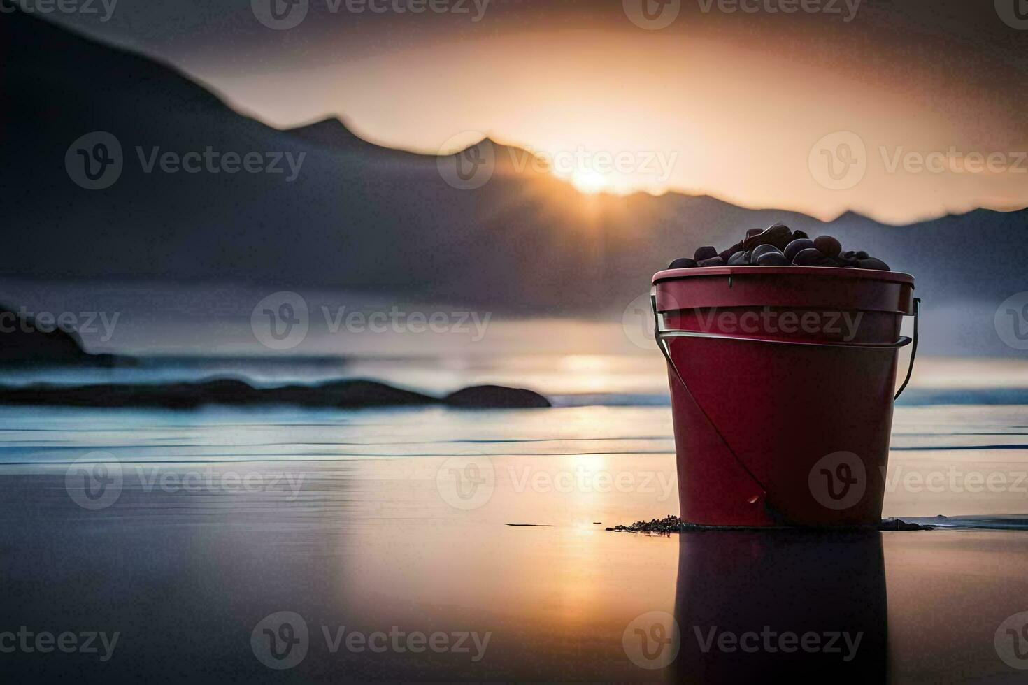 a bucket of rocks on the beach at sunset. AI-Generated photo
