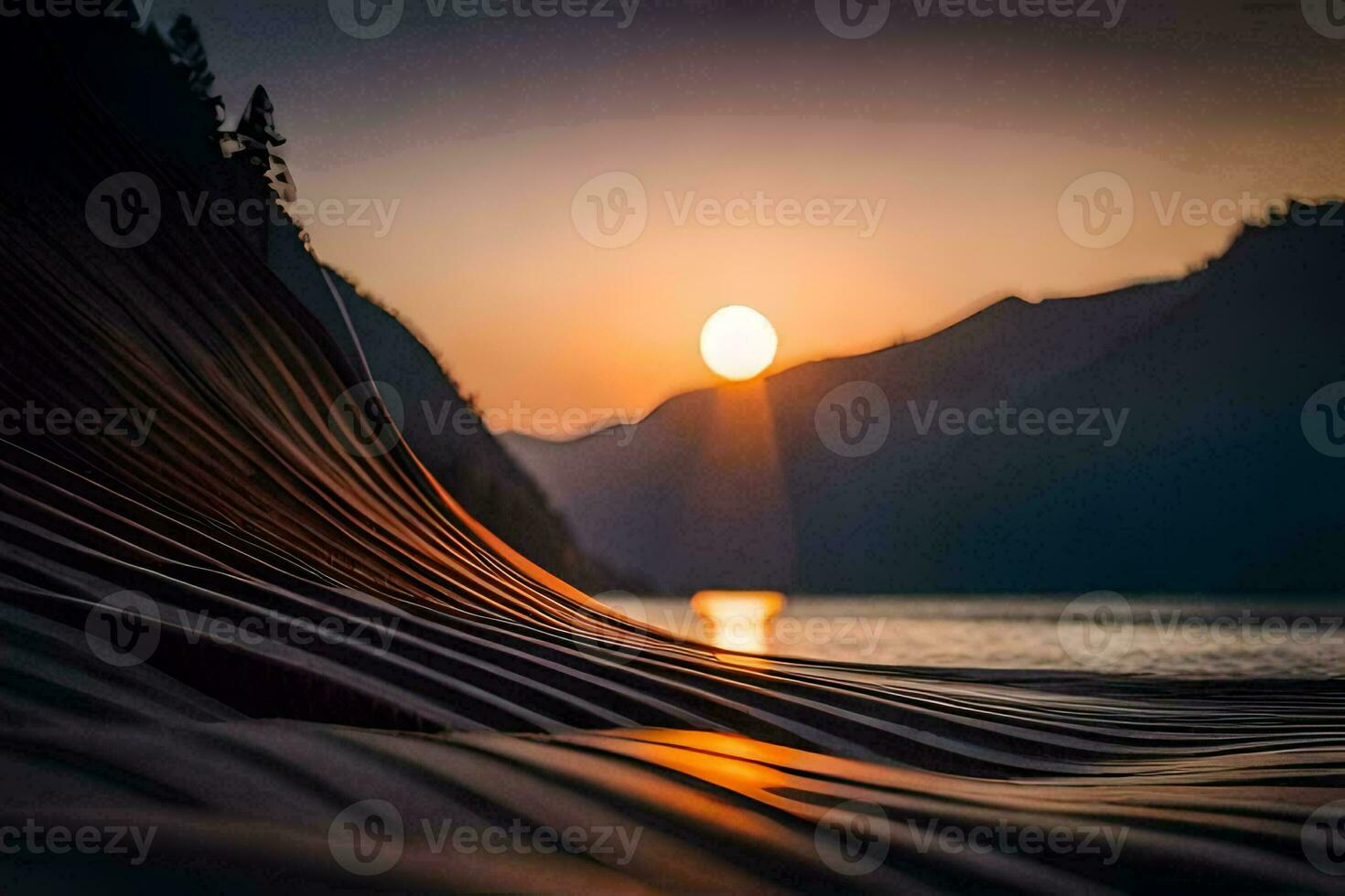 el Dom es ajuste terminado un lago y montañas. generado por ai foto