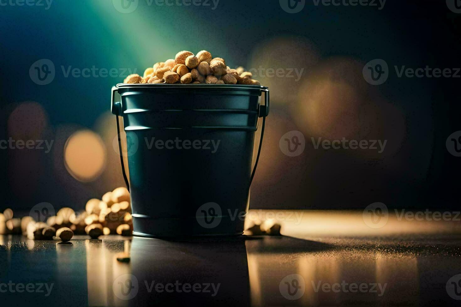a bucket of peanuts on a table. AI-Generated photo