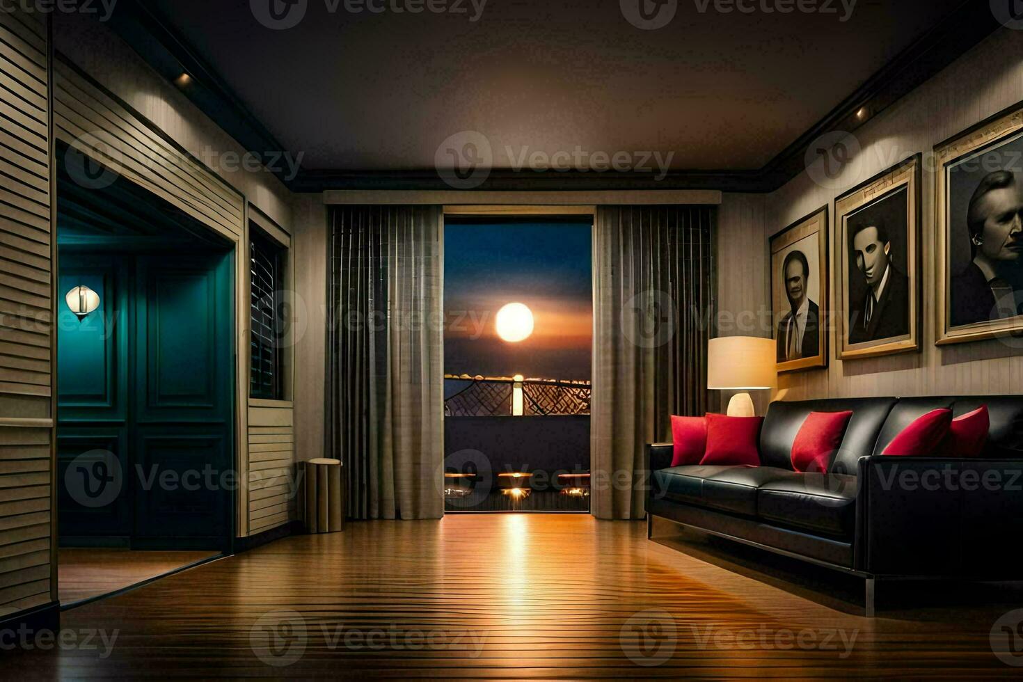 a room with a couch and a window looking out to the city. AI-Generated photo