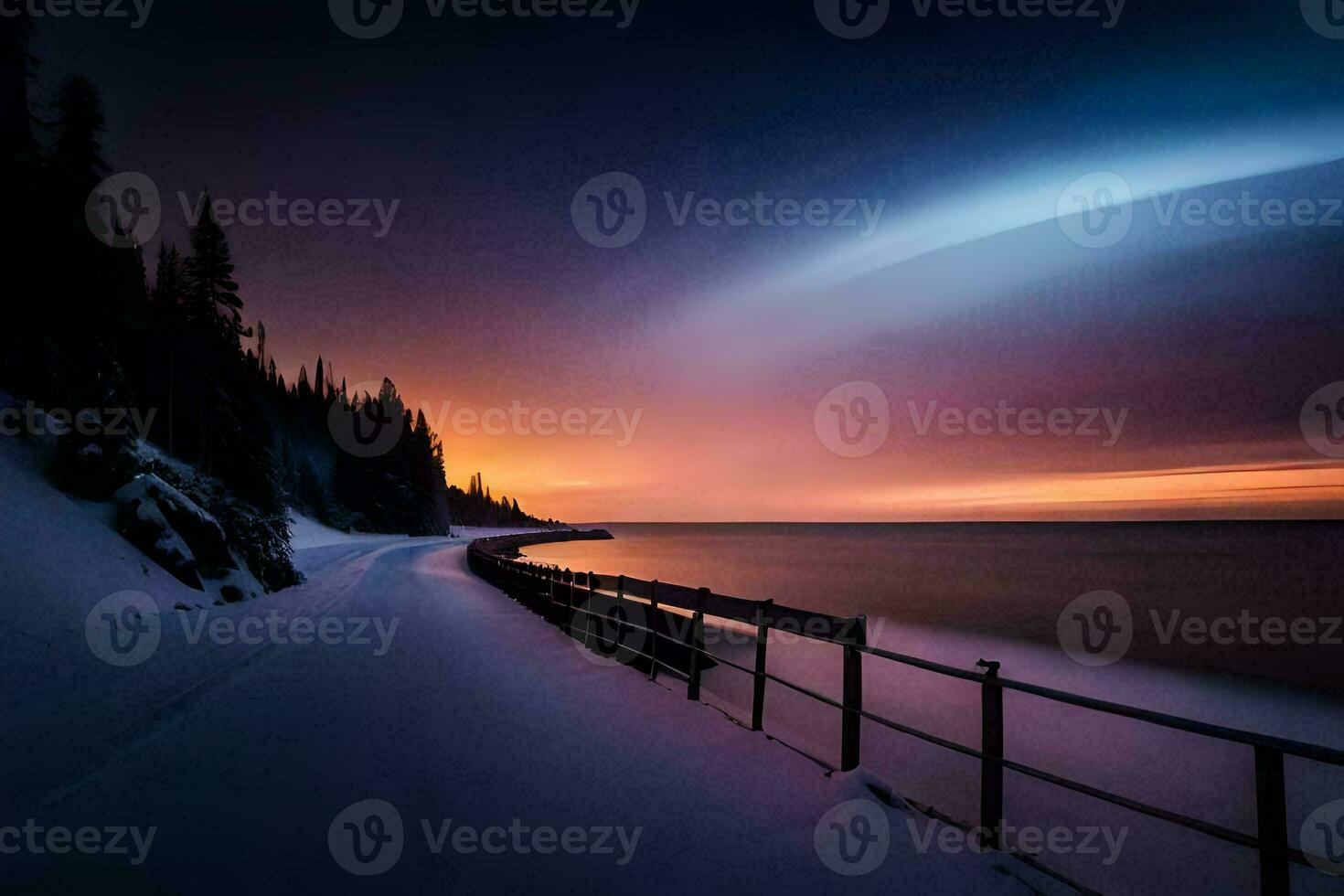 a long exposure photograph of a snowy beach at sunset. AI-Generated photo