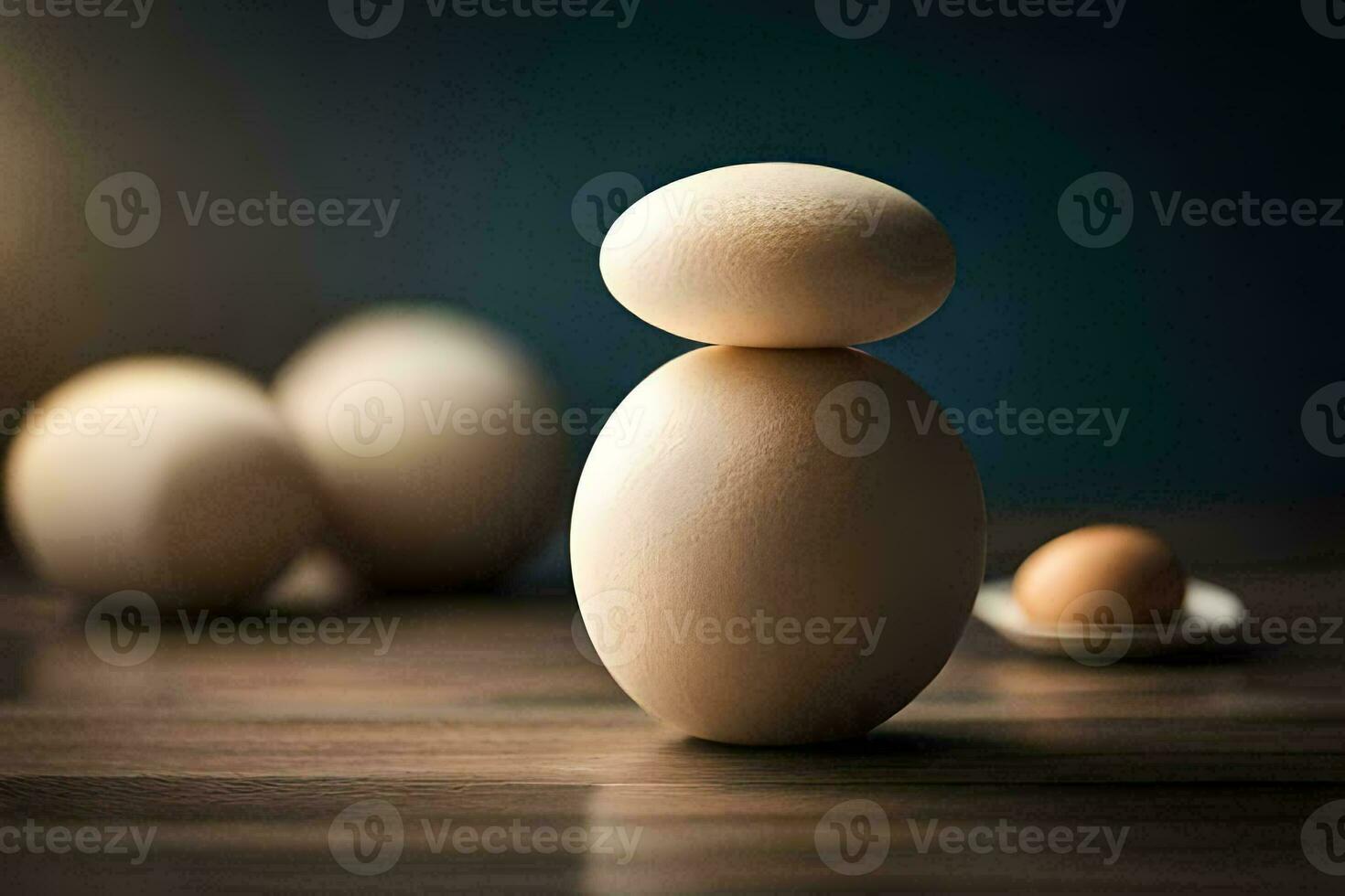 a wooden figure stands next to a pile of eggs. AI-Generated photo