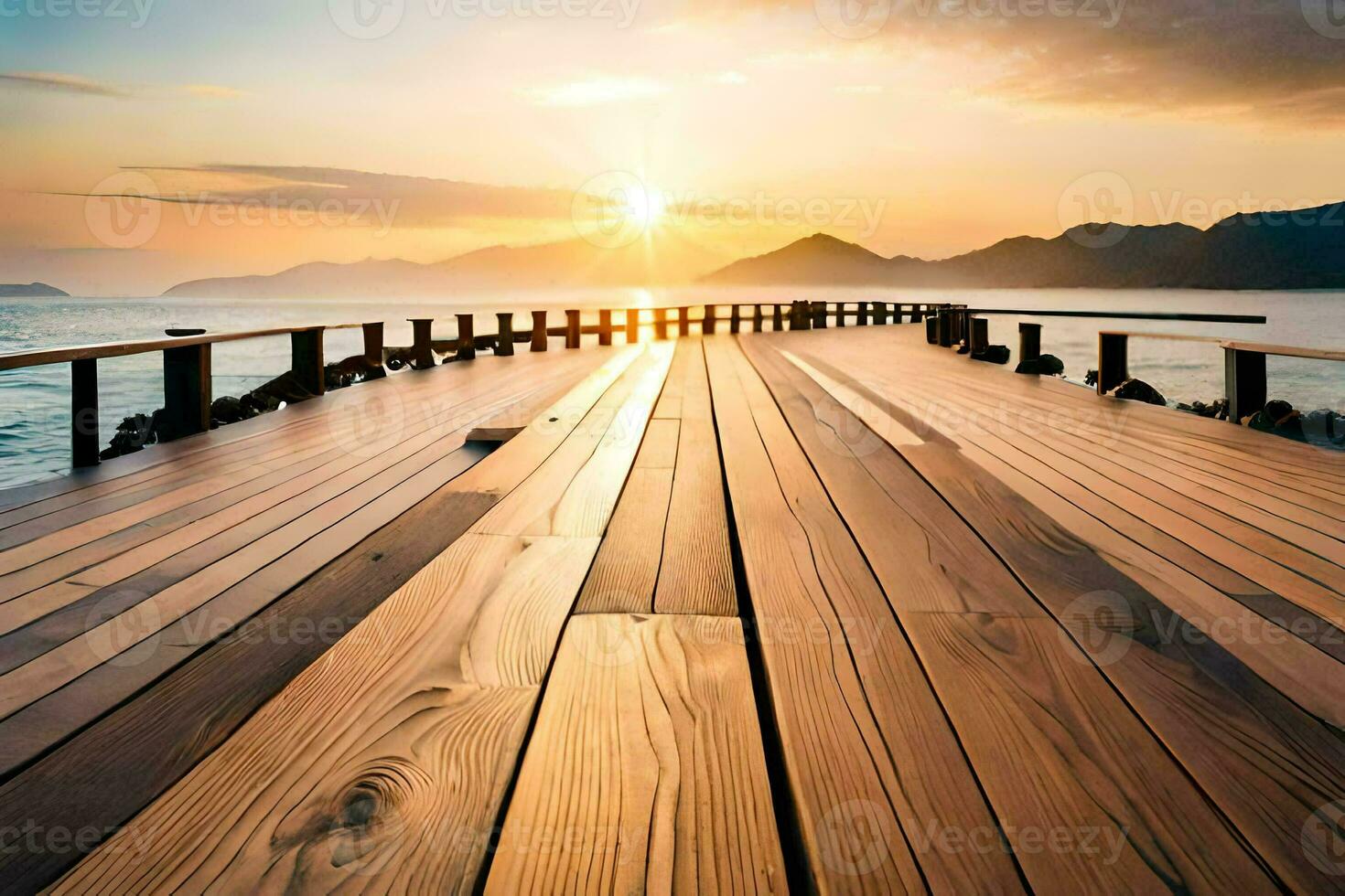 a wooden pier with the sun setting over the water. AI-Generated photo