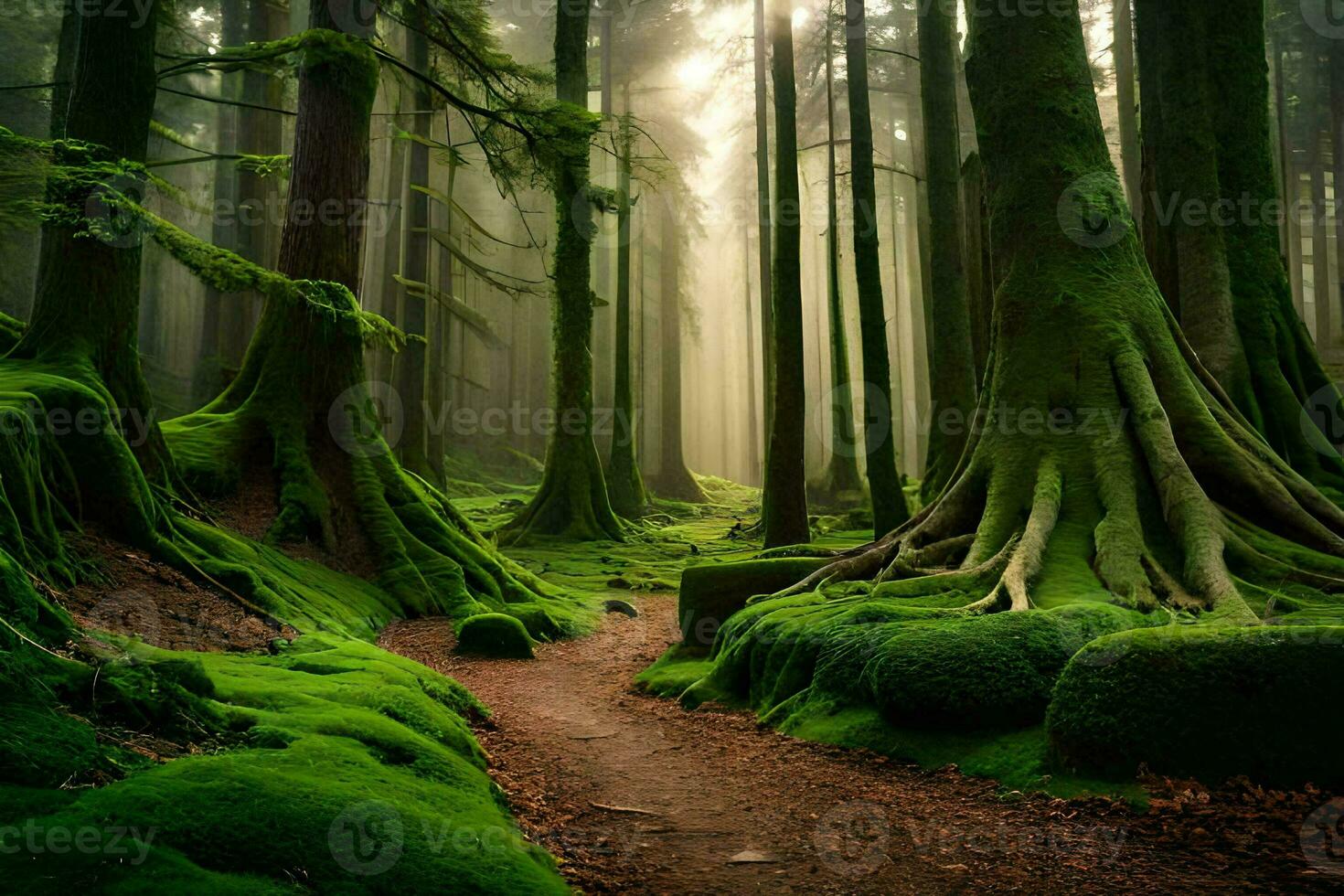 a path through a forest with mossy trees. AI-Generated photo