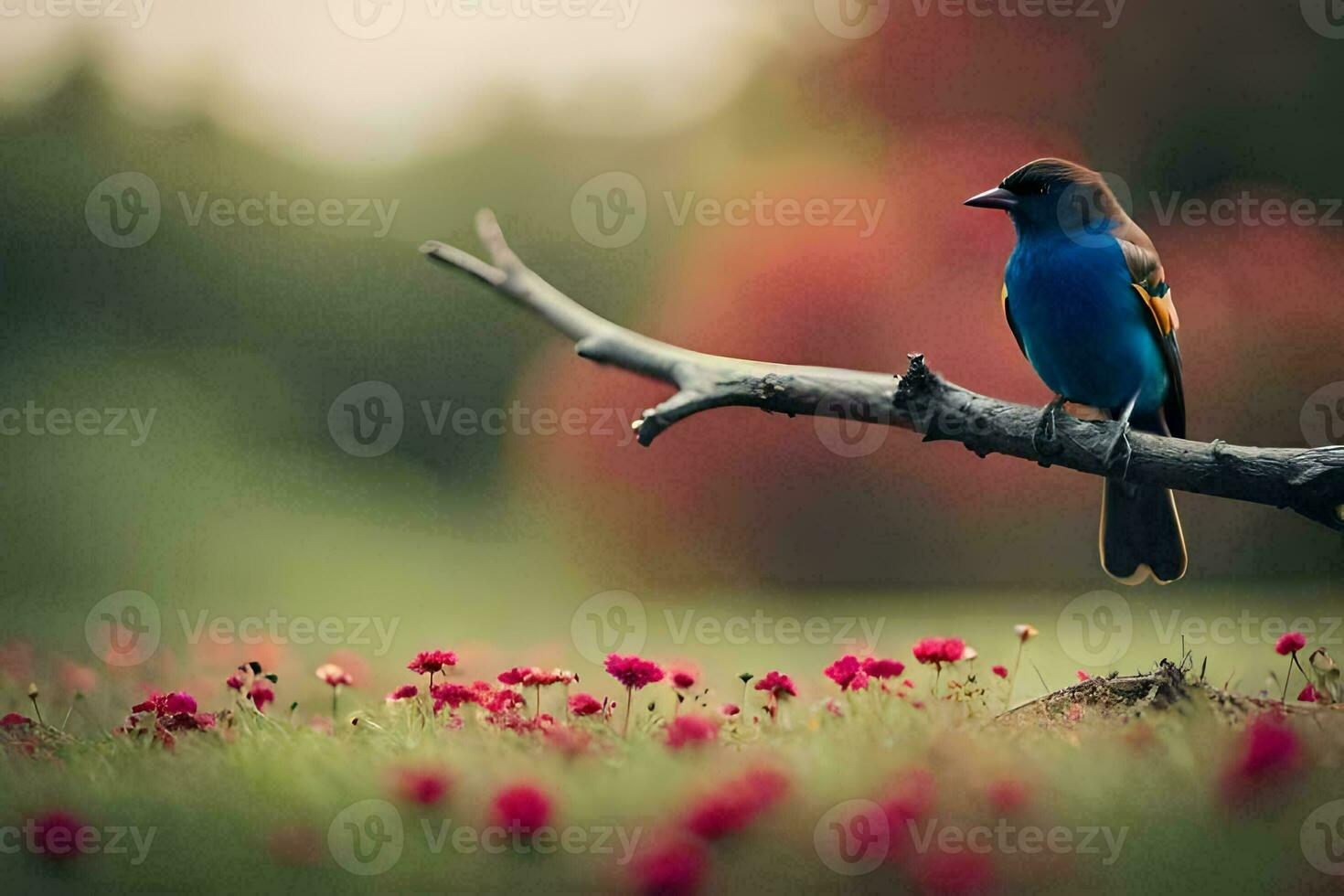 a blue bird sits on a branch in a field of flowers. AI-Generated photo