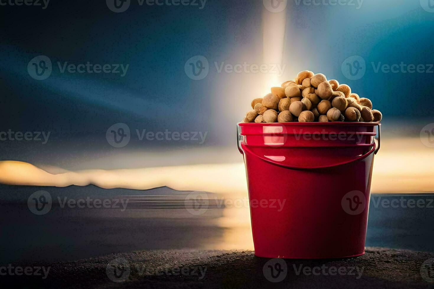 a bucket filled with peanuts on the beach. AI-Generated photo