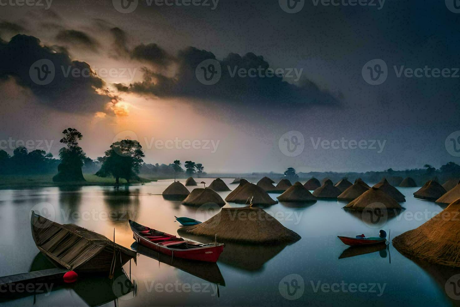 boats in the water at sunset with a cloudy sky. AI-Generated photo