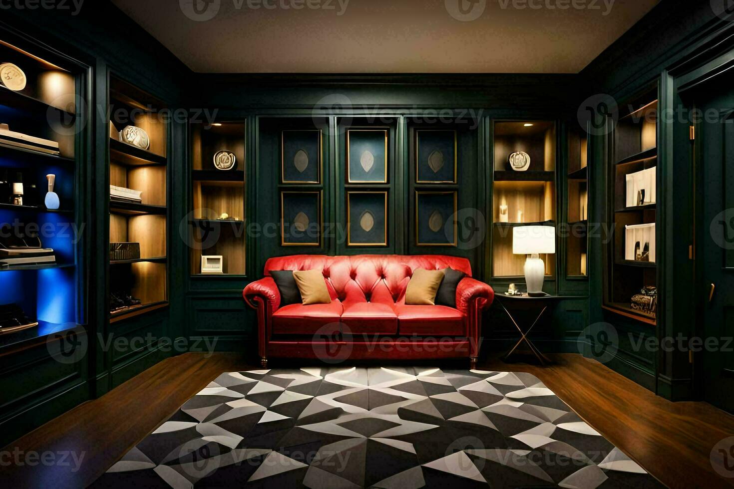 a room with a red couch and black walls. AI-Generated photo
