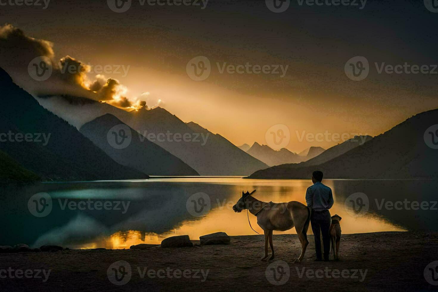 a man and his horse stand in front of a lake at sunset. AI-Generated photo