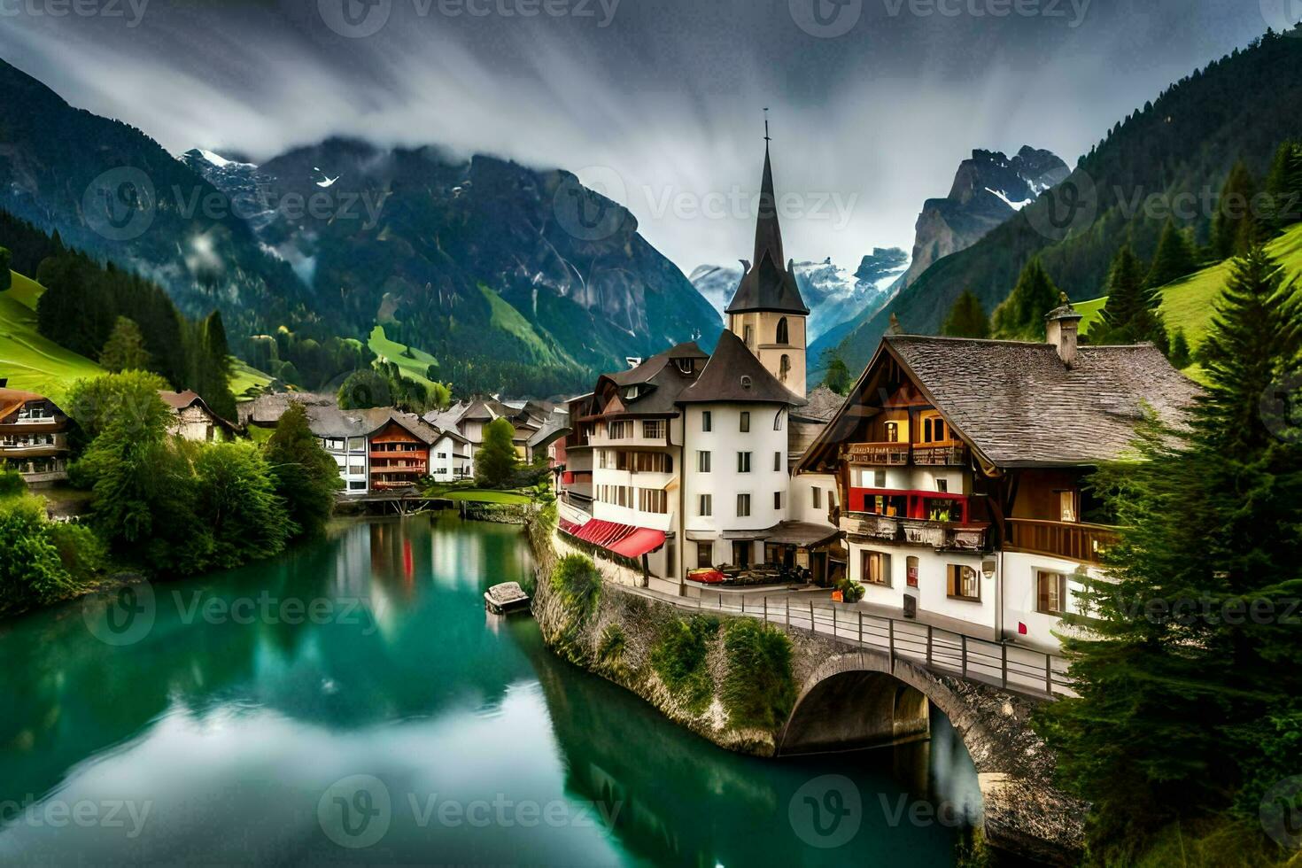 photo wallpaper the sky, mountains, water, river, house, village, lake, mountain,. AI-Generated