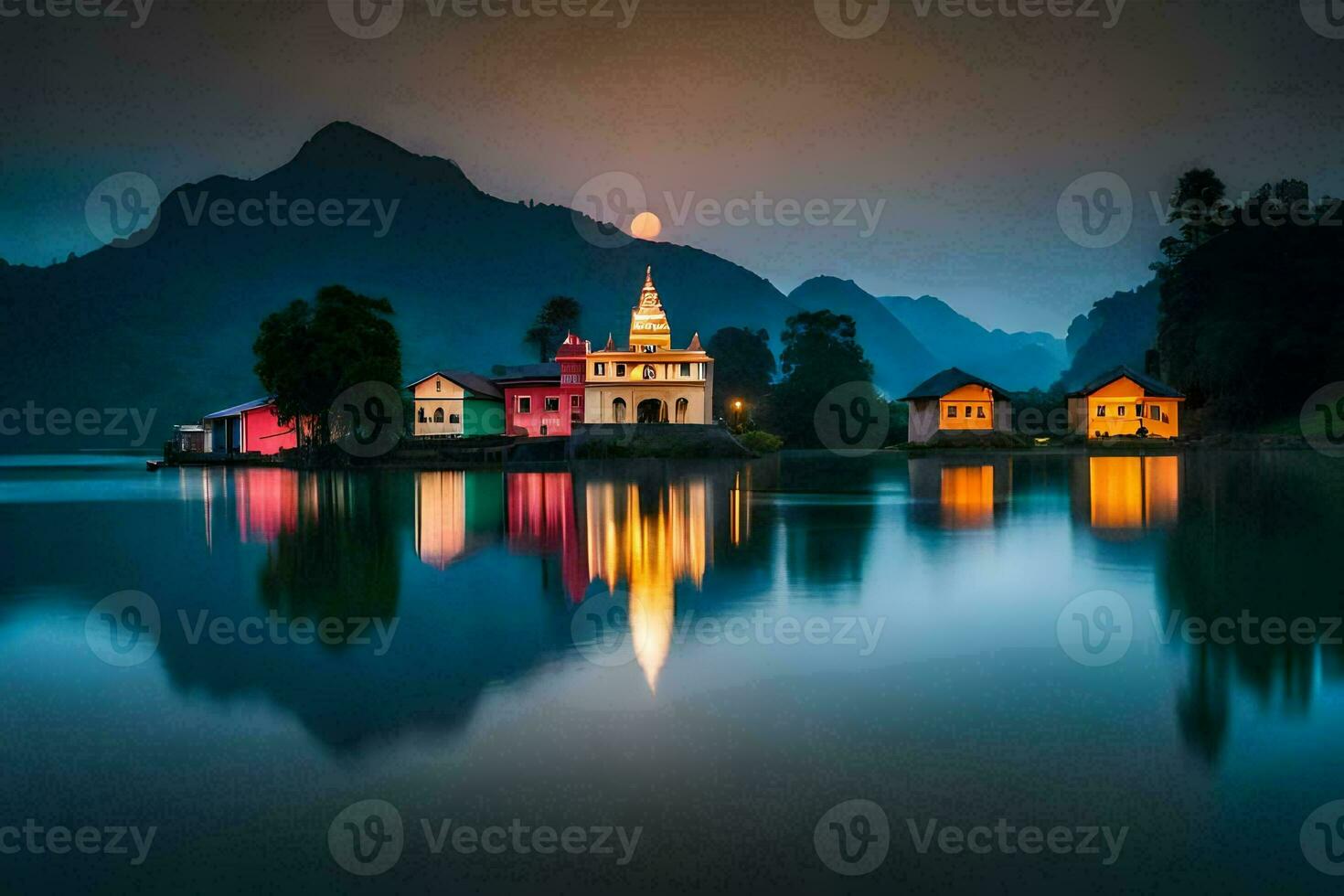 a small village in the middle of a lake at night. AI-Generated photo