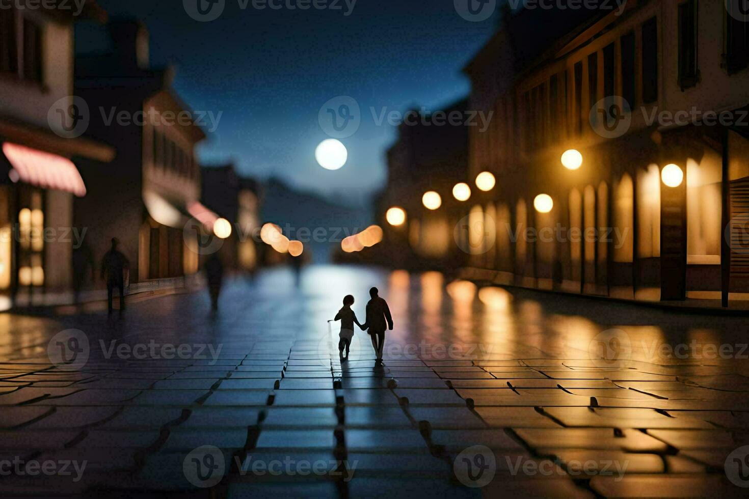 a couple walking down a street at night. AI-Generated photo