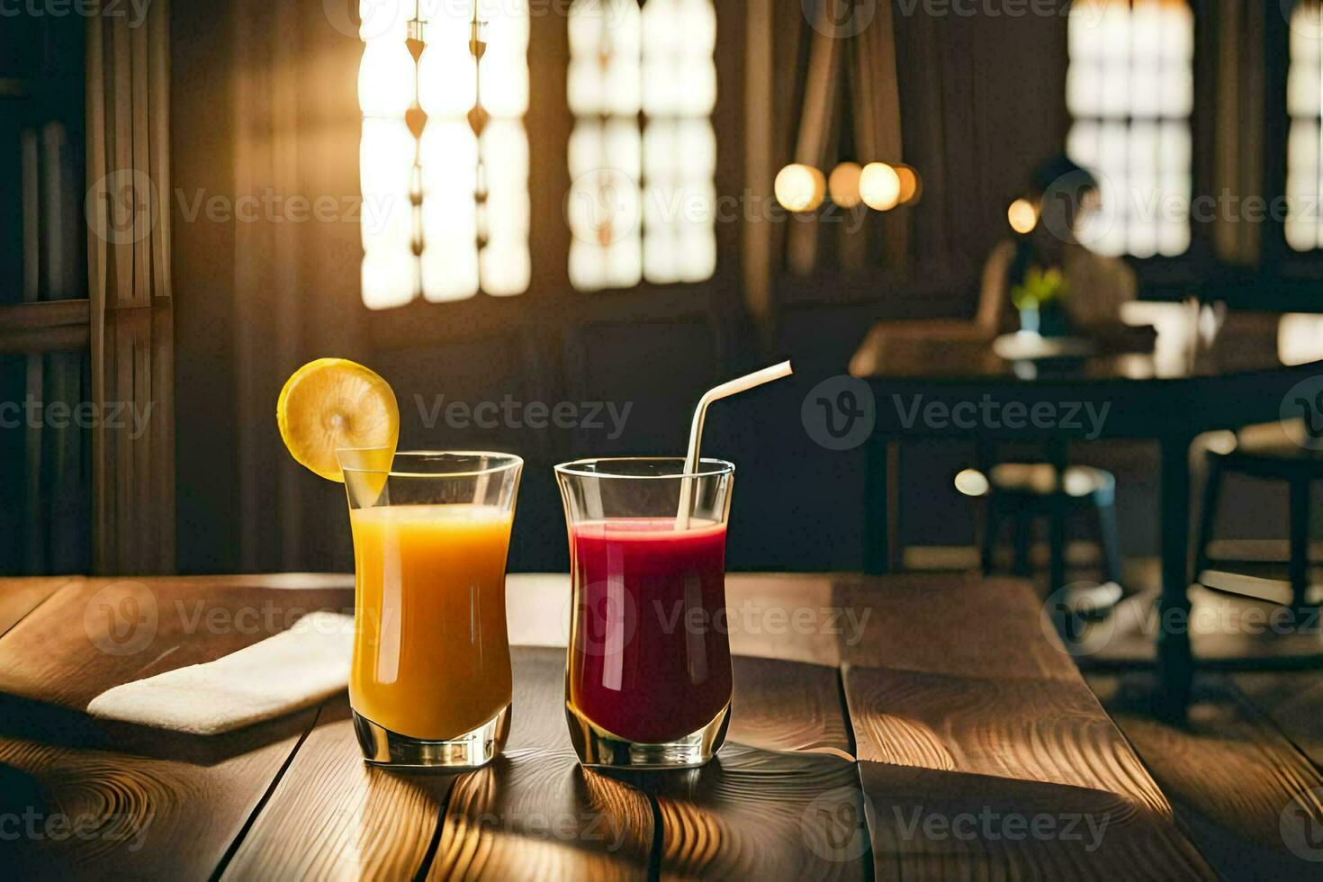 dos lentes de jugo en un de madera mesa. generado por ai foto