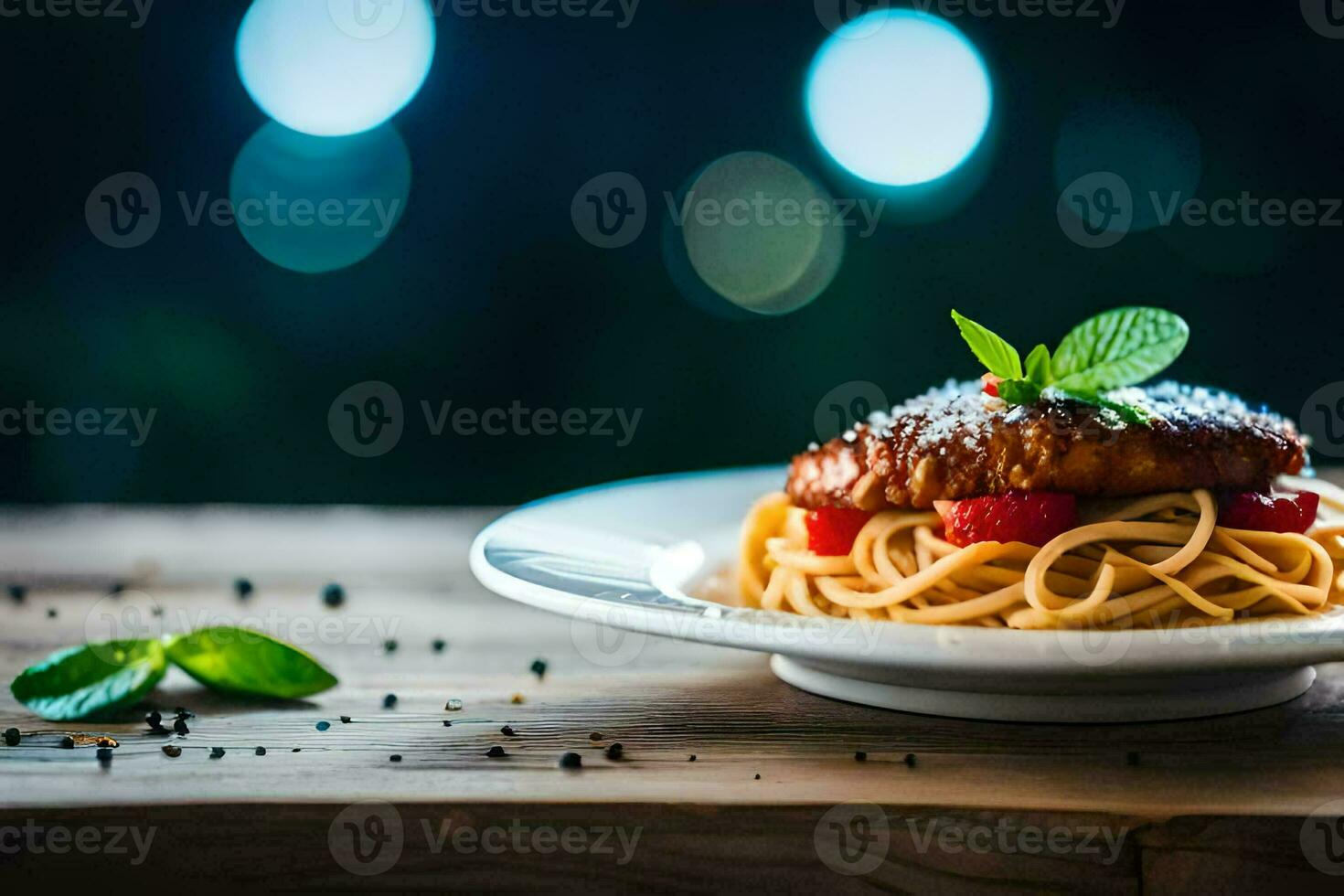 chicken with spaghetti and cherry tomatoes on a plate. AI-Generated photo