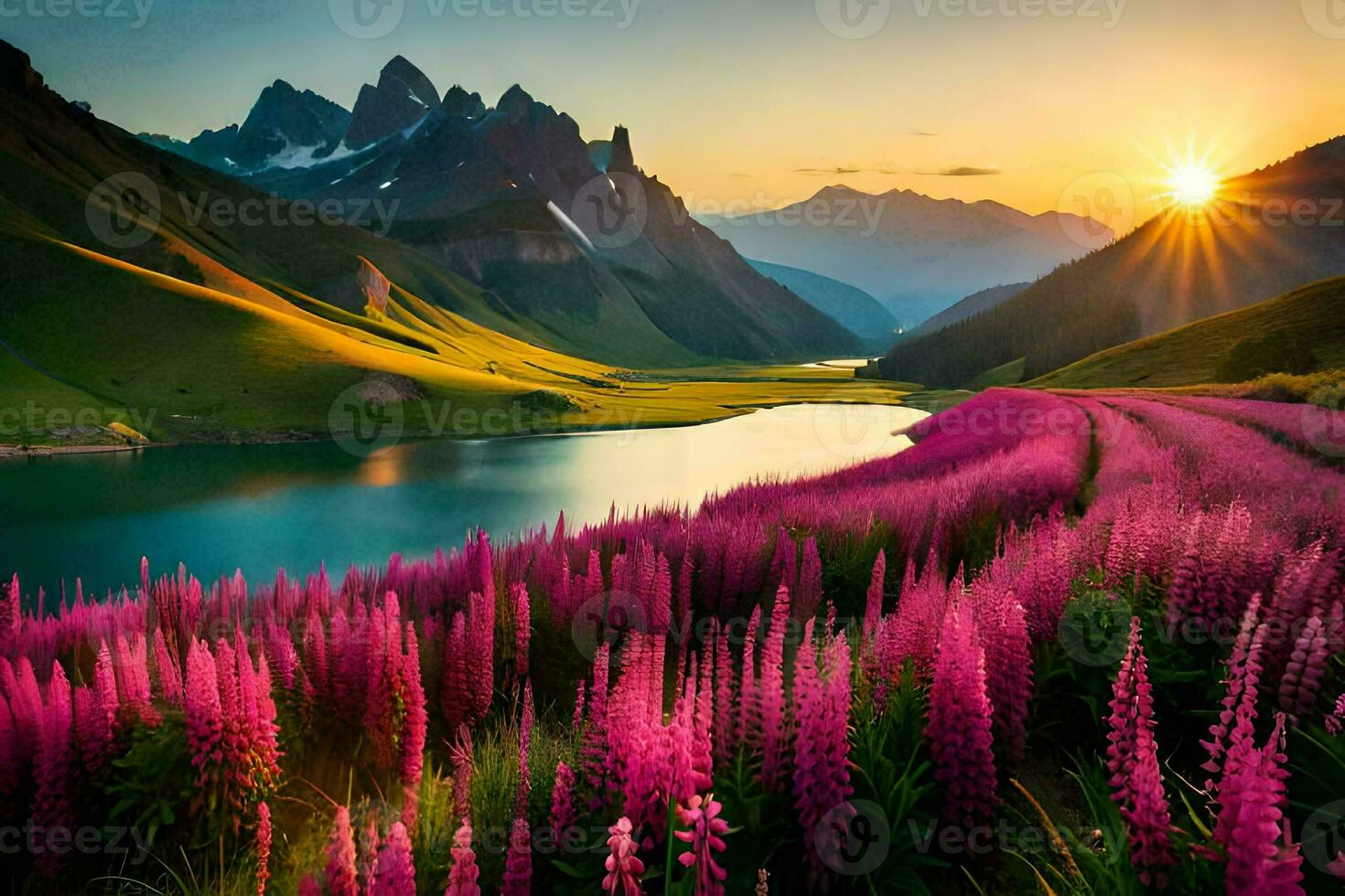 the sun rises over the mountains and the lupine flowers bloom in the valley. AI-Generated photo