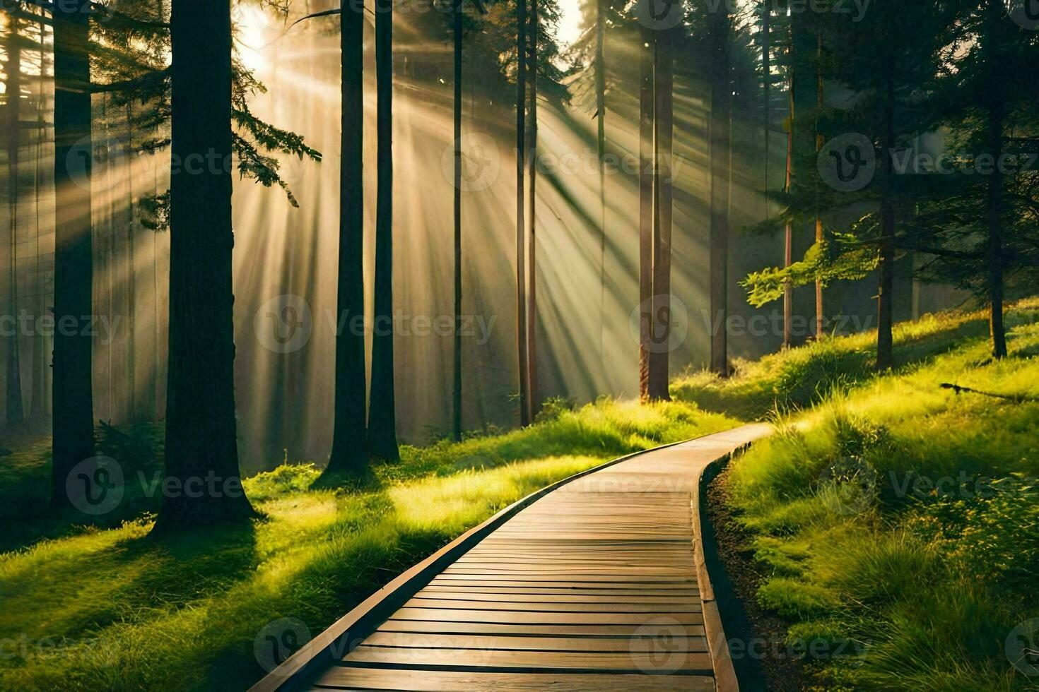 wooden path in the forest with sun rays. AI-Generated photo