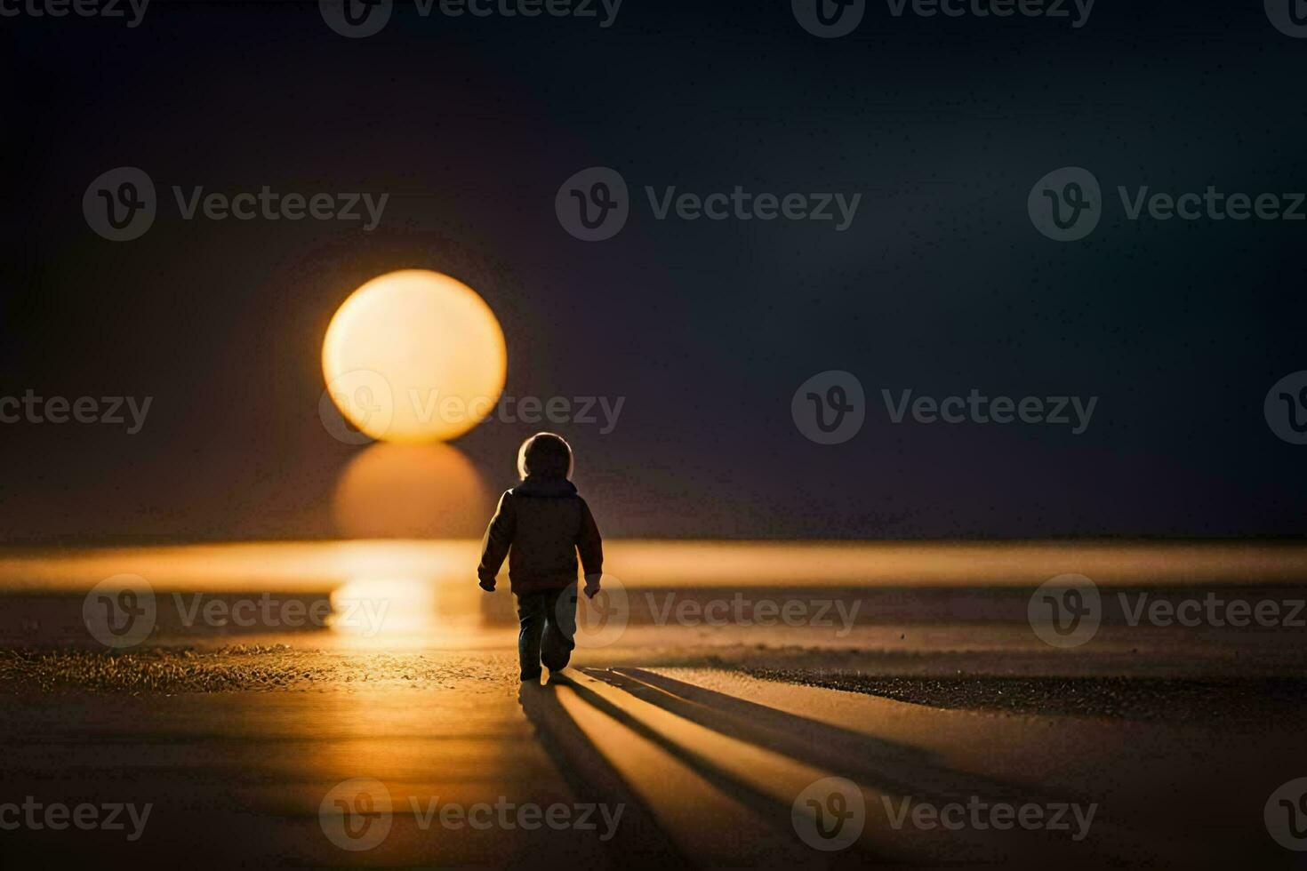 a person walking on the beach at night with the moon in the background. AI-Generated photo