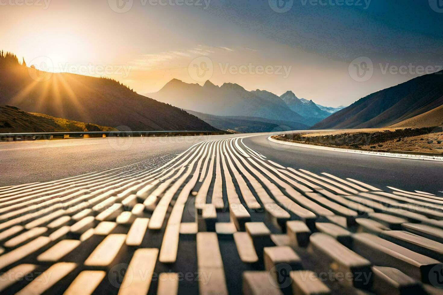 a road with a mountain in the background. AI-Generated photo