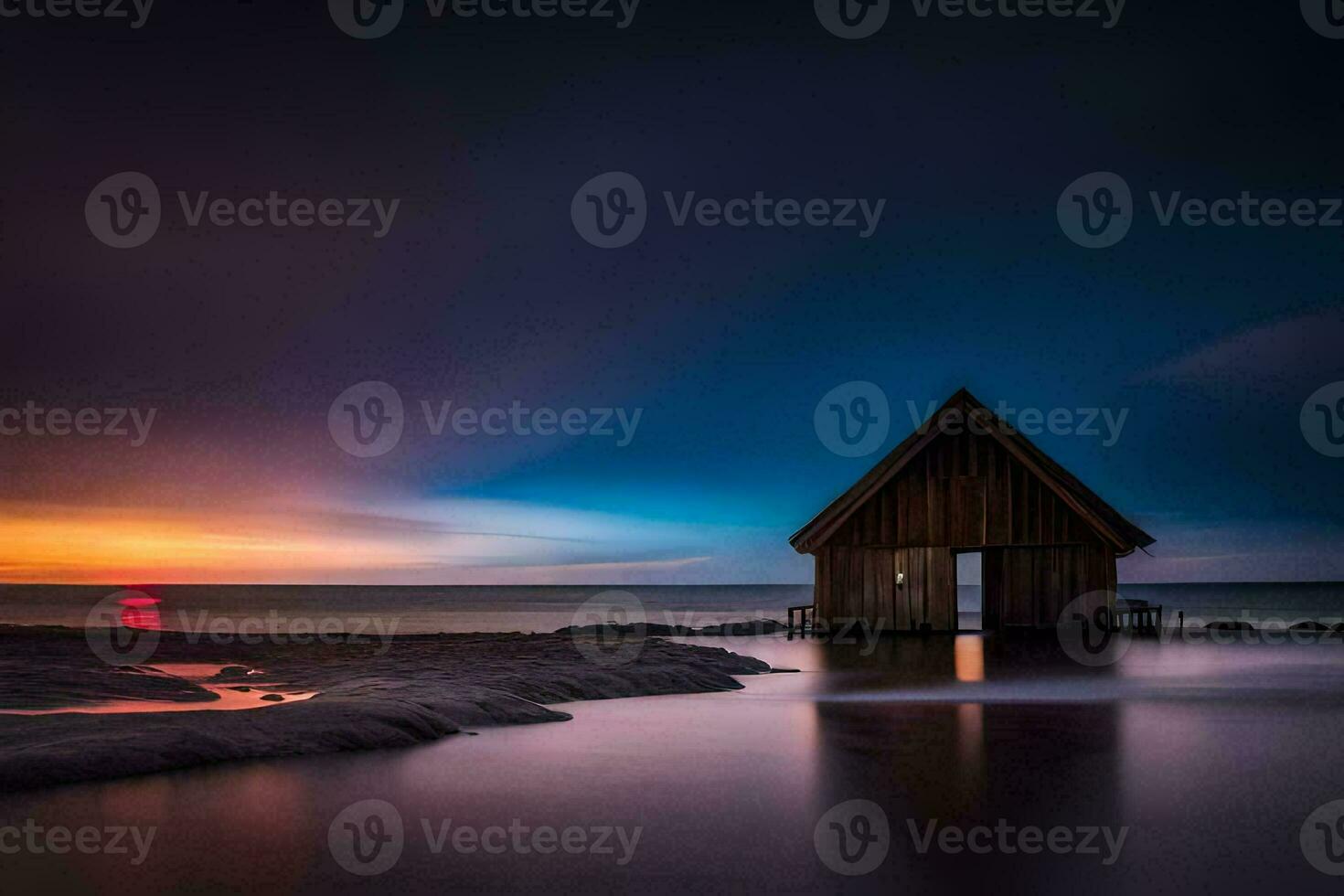 a small wooden house sits on the shore of the ocean. AI-Generated photo