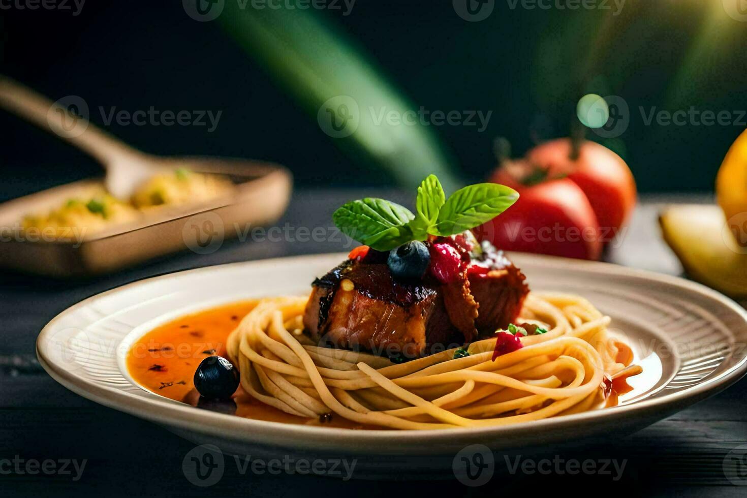 spaghetti with meat and tomato sauce on a plate. AI-Generated photo