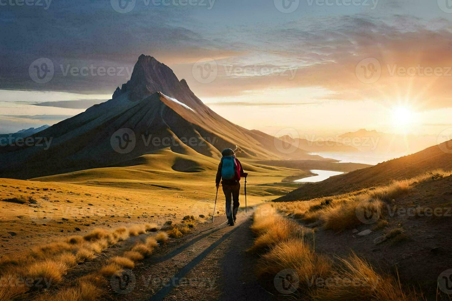 a man walks on a path in the mountains. AI-Generated photo