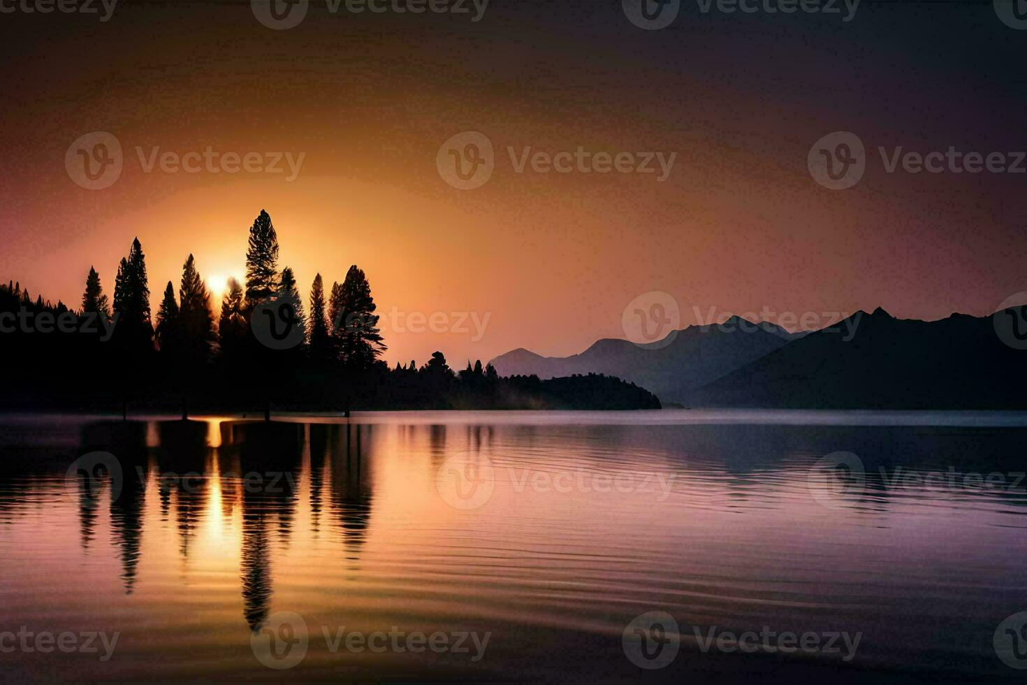 a lake with trees and mountains at sunset. AI-Generated photo