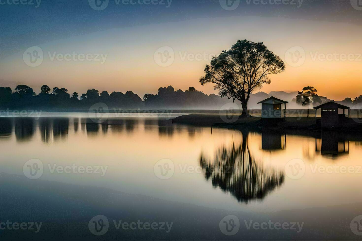 un árbol es reflejado en el agua a amanecer. generado por ai foto