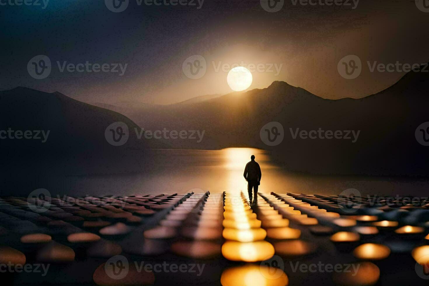 a man stands on a bridge looking at the sun. AI-Generated photo