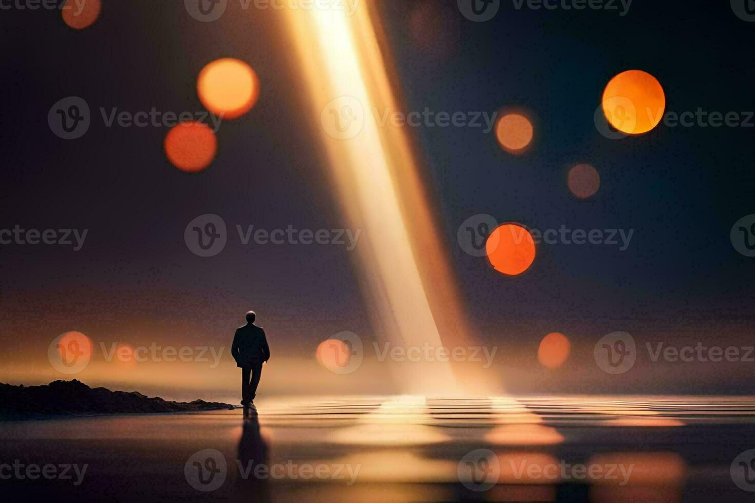 a man standing in front of a light beam. AI-Generated photo