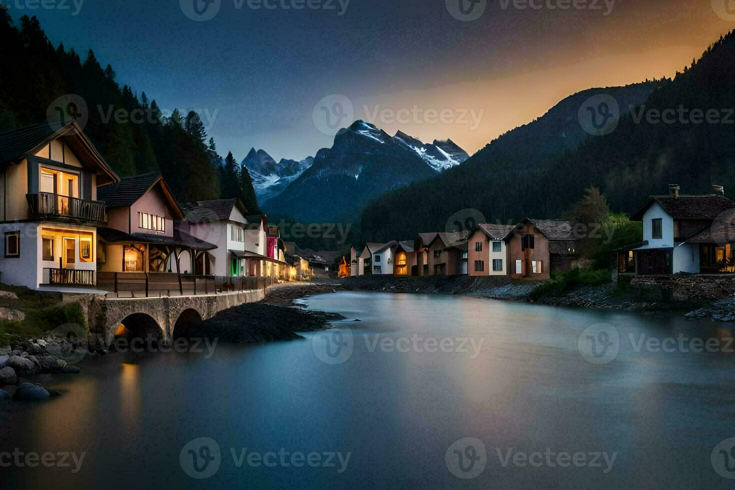 photo wallpaper the sky, mountains, river, houses, the mountains, the river, the mountains. AI-Generated