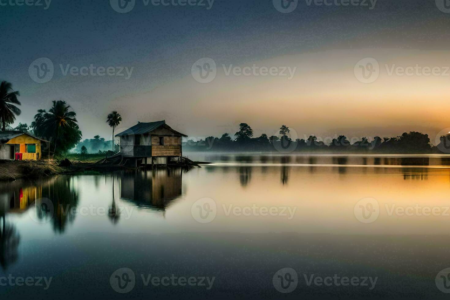 a house on the water at sunrise. AI-Generated photo