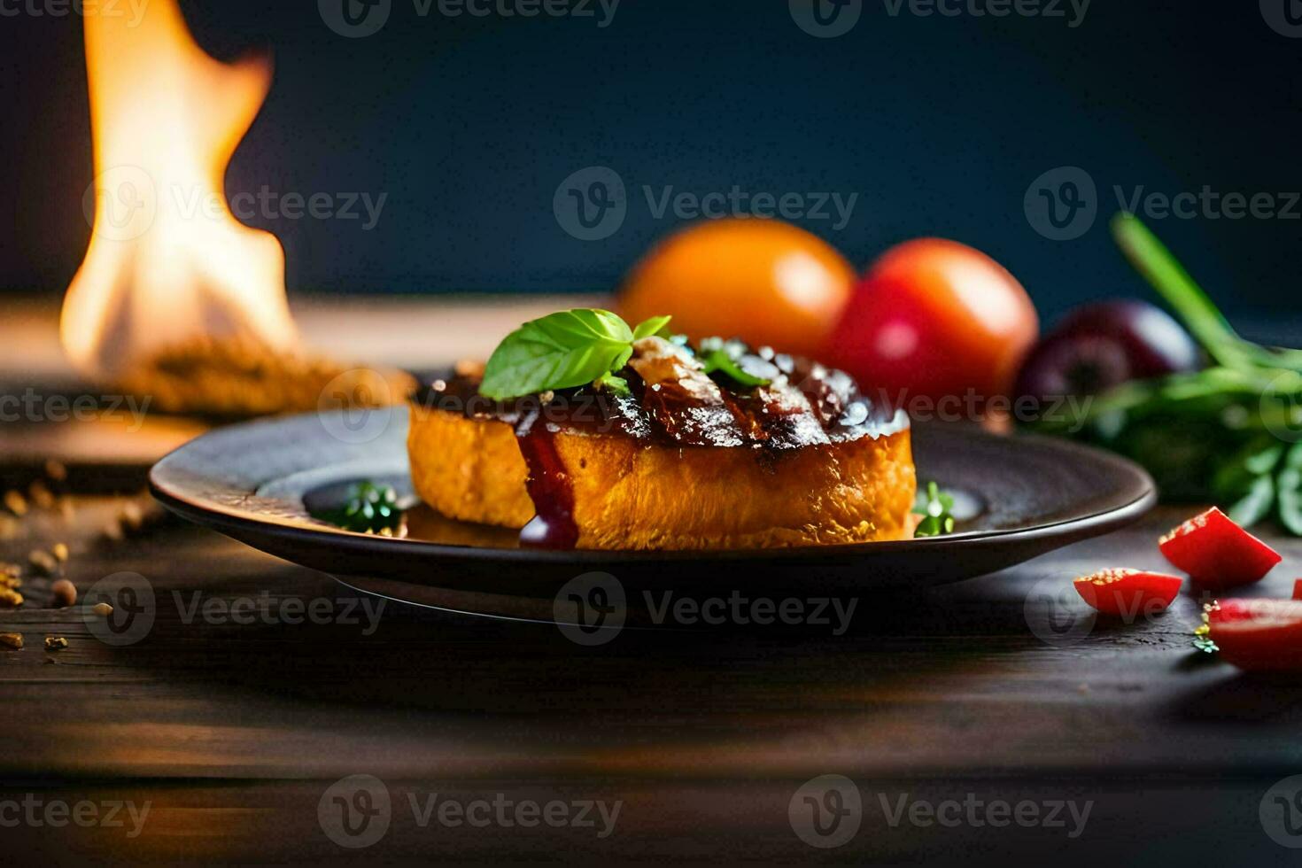 a piece of meat on a plate with vegetables and a fire. AI-Generated photo