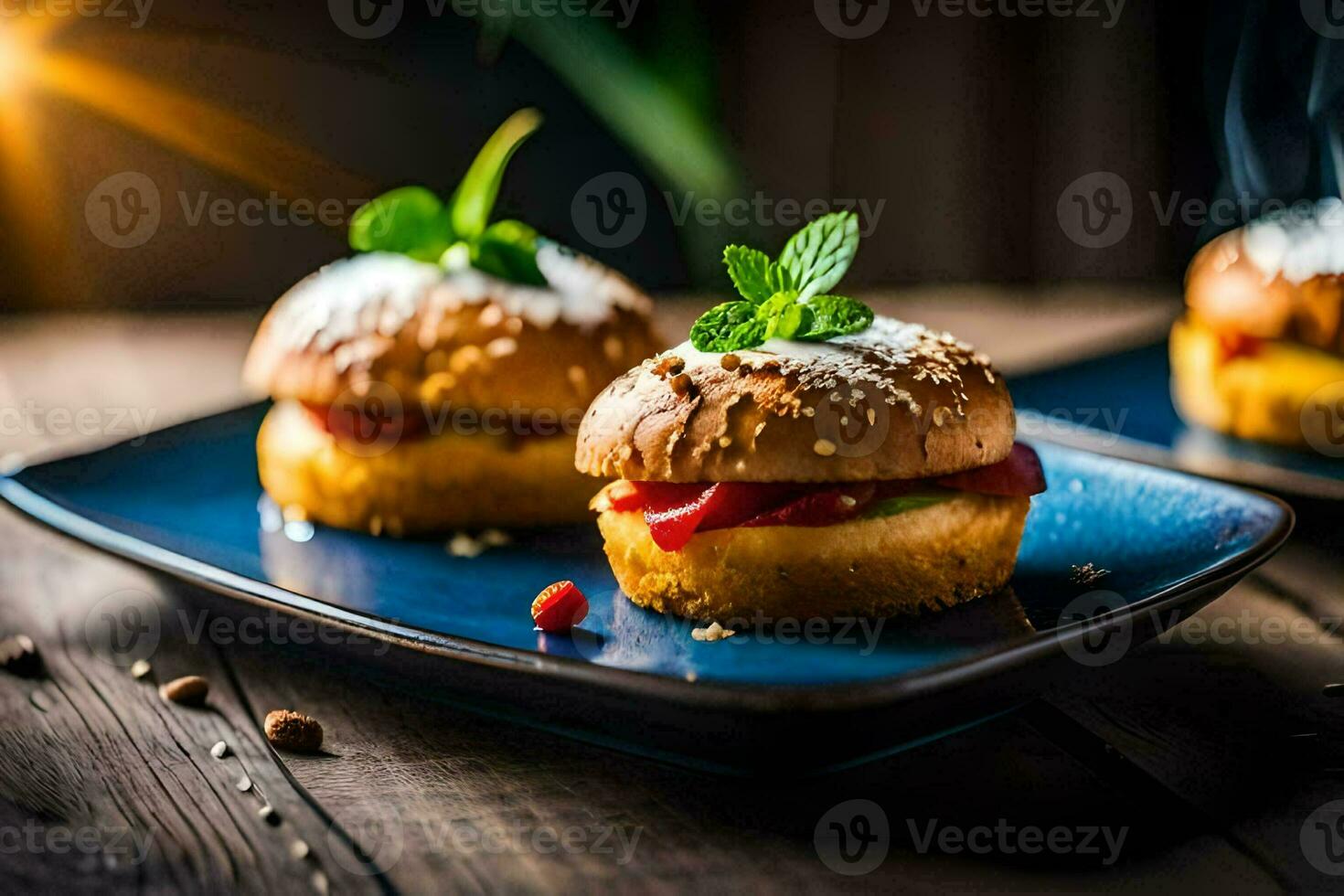 two small sandwiches on a blue plate. AI-Generated photo