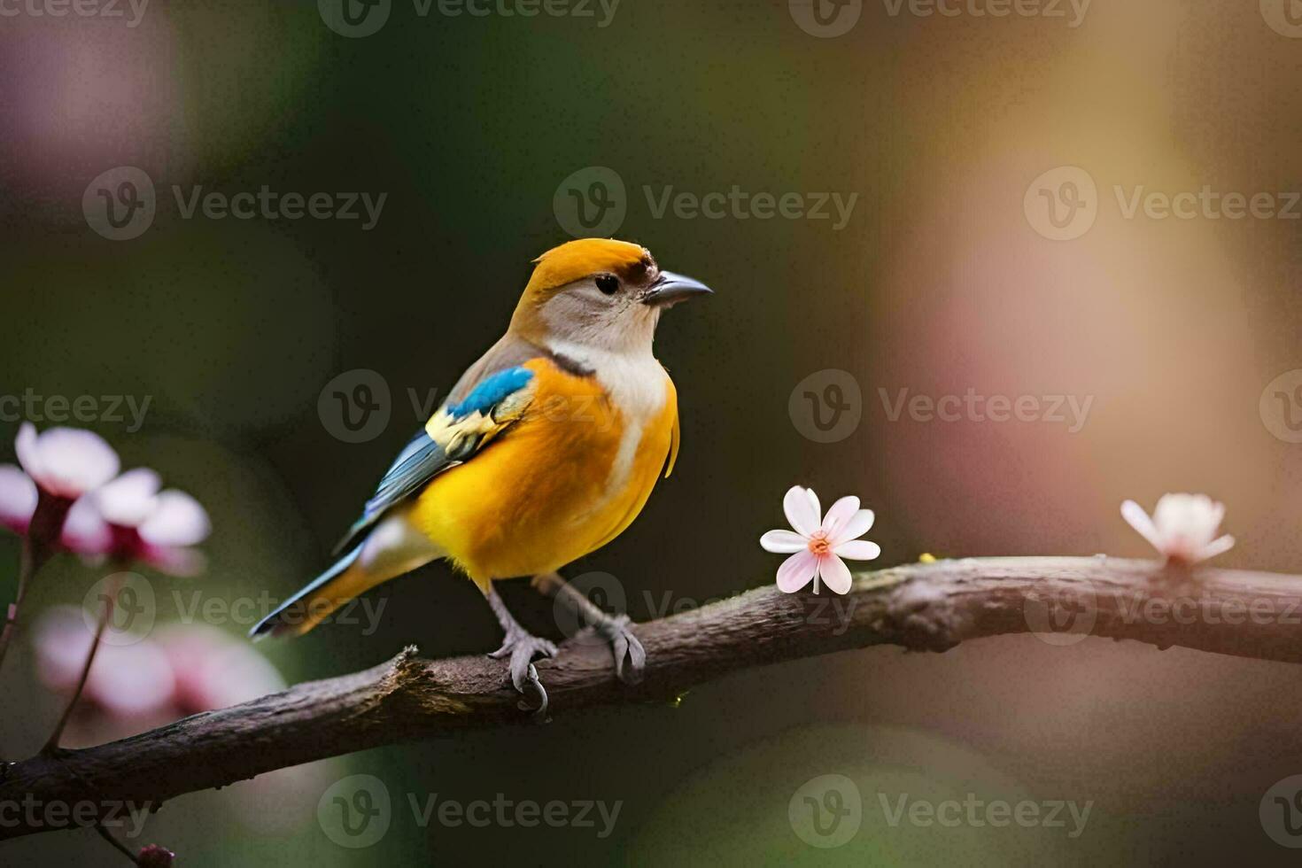 a small bird is sitting on a branch with flowers. AI-Generated photo