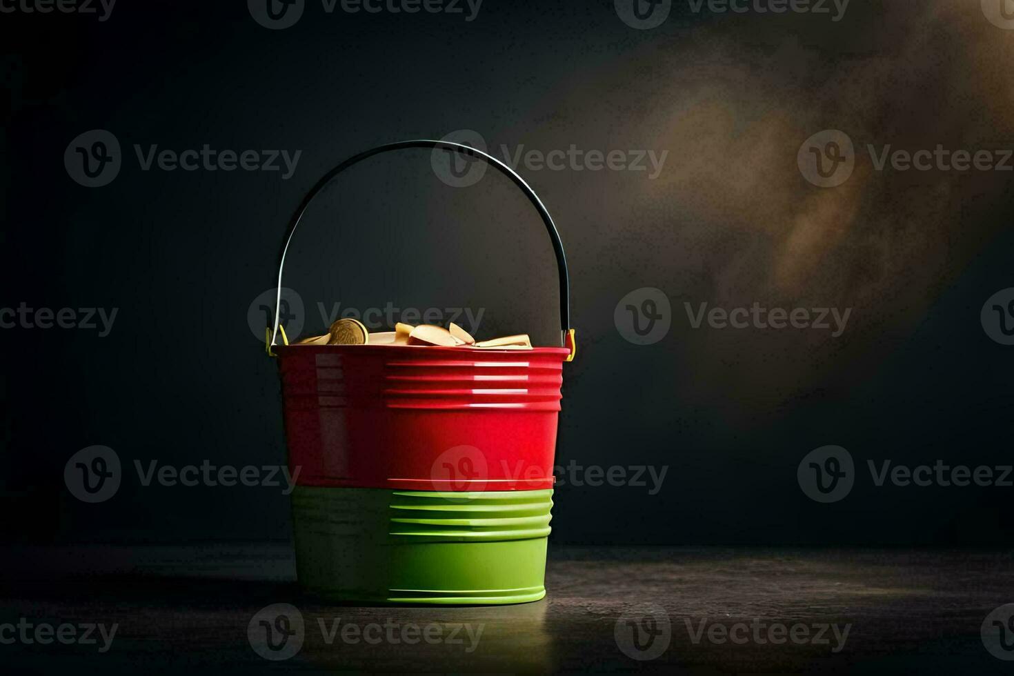 a bucket filled with coins on a dark background. AI-Generated photo