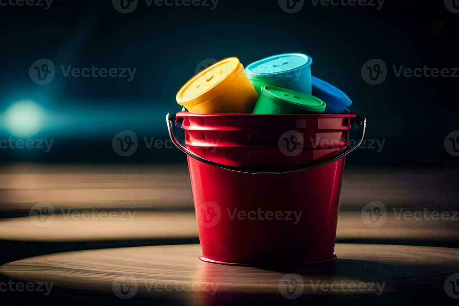a red bucket with colorful plastic toys in it. AI-Generated photo