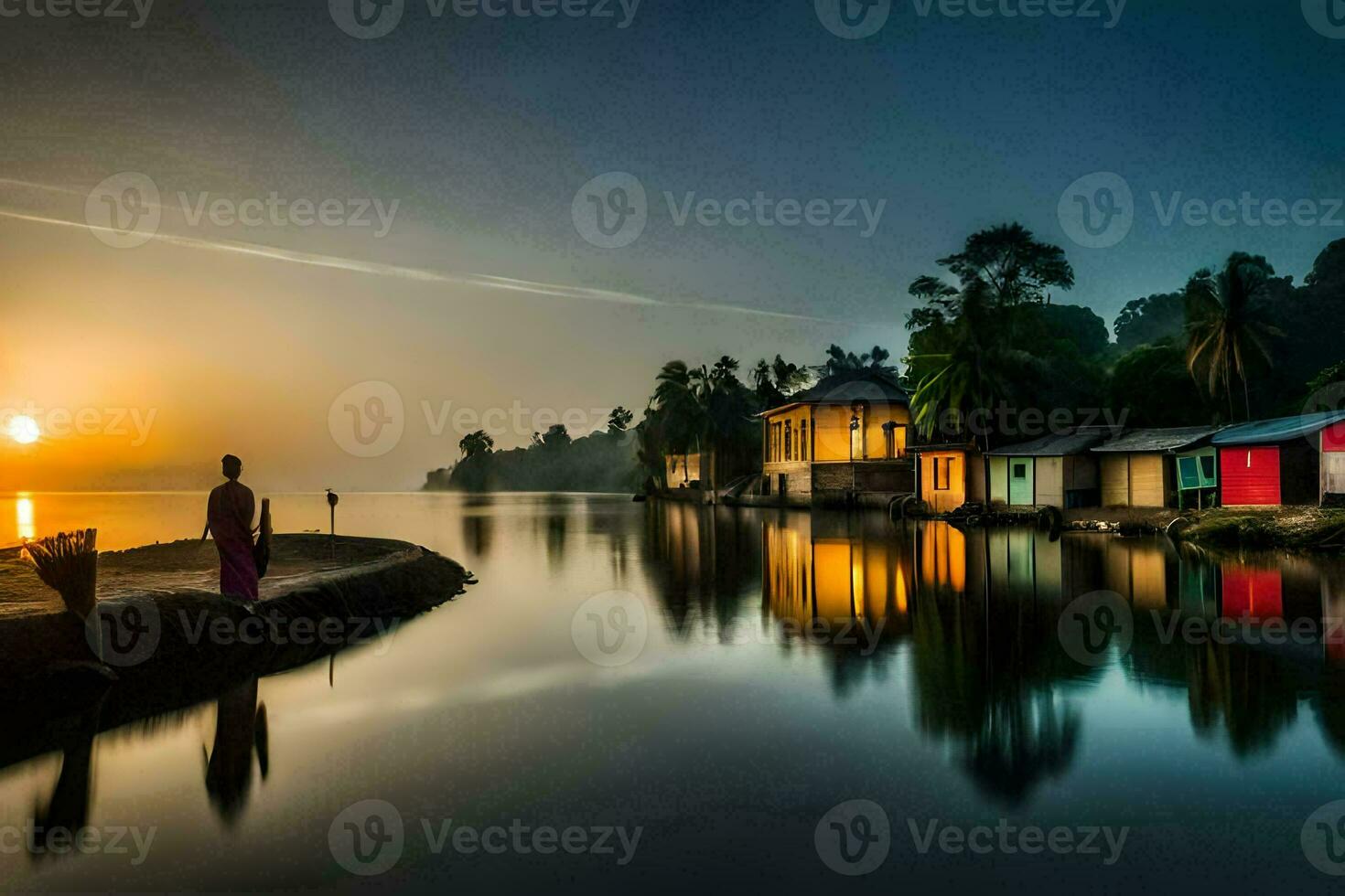 a man stands on the shore of a lake at sunset. AI-Generated photo