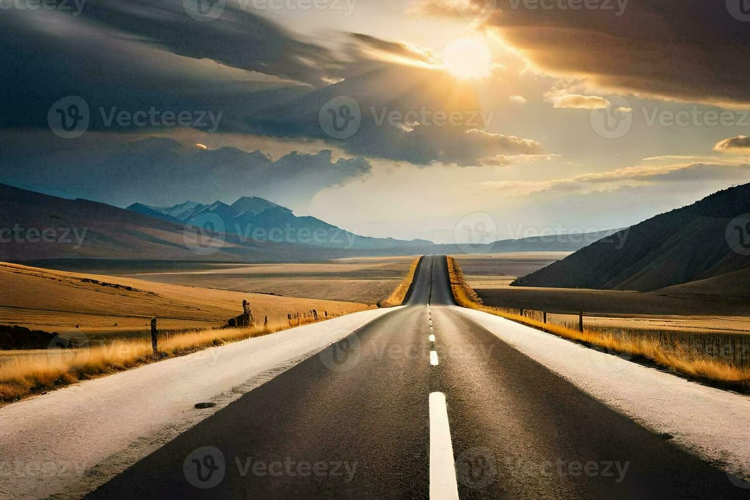 a long road with the sun shining through the clouds. AI-Generated photo