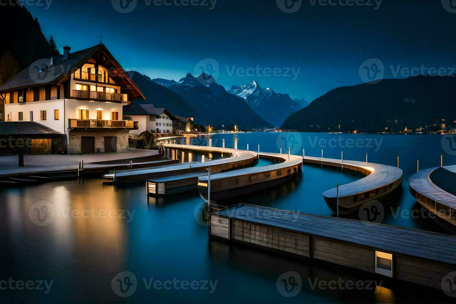 a house on the lake at night. AI-Generated photo