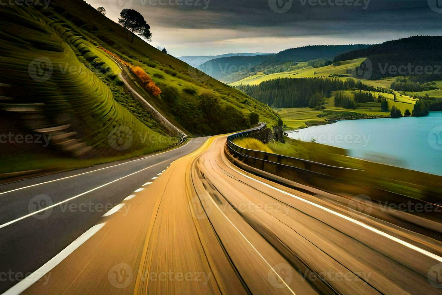 a road with a lake in the background. AI-Generated photo