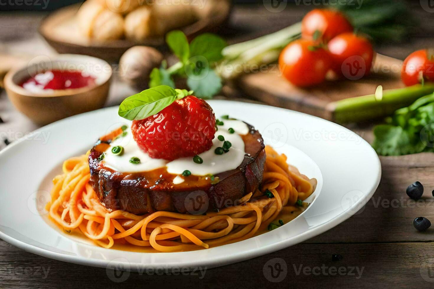spaghetti with meat and tomato sauce on a white plate. AI-Generated photo