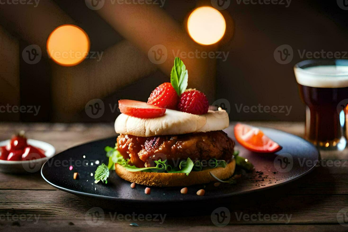 a burger with strawberry and cream on a black plate. AI-Generated photo