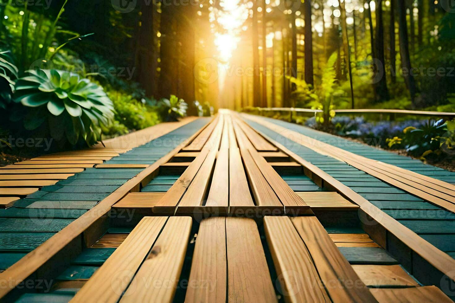 a wooden walkway in the woods with sun shining through. AI-Generated photo