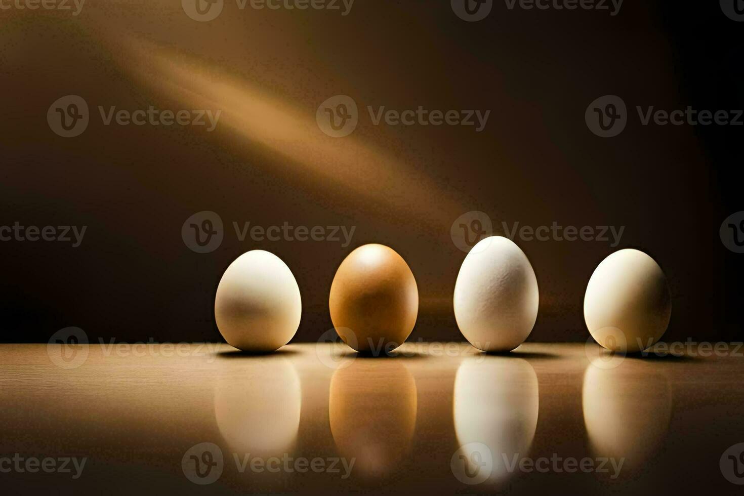 five eggs in a row on a table. AI-Generated photo