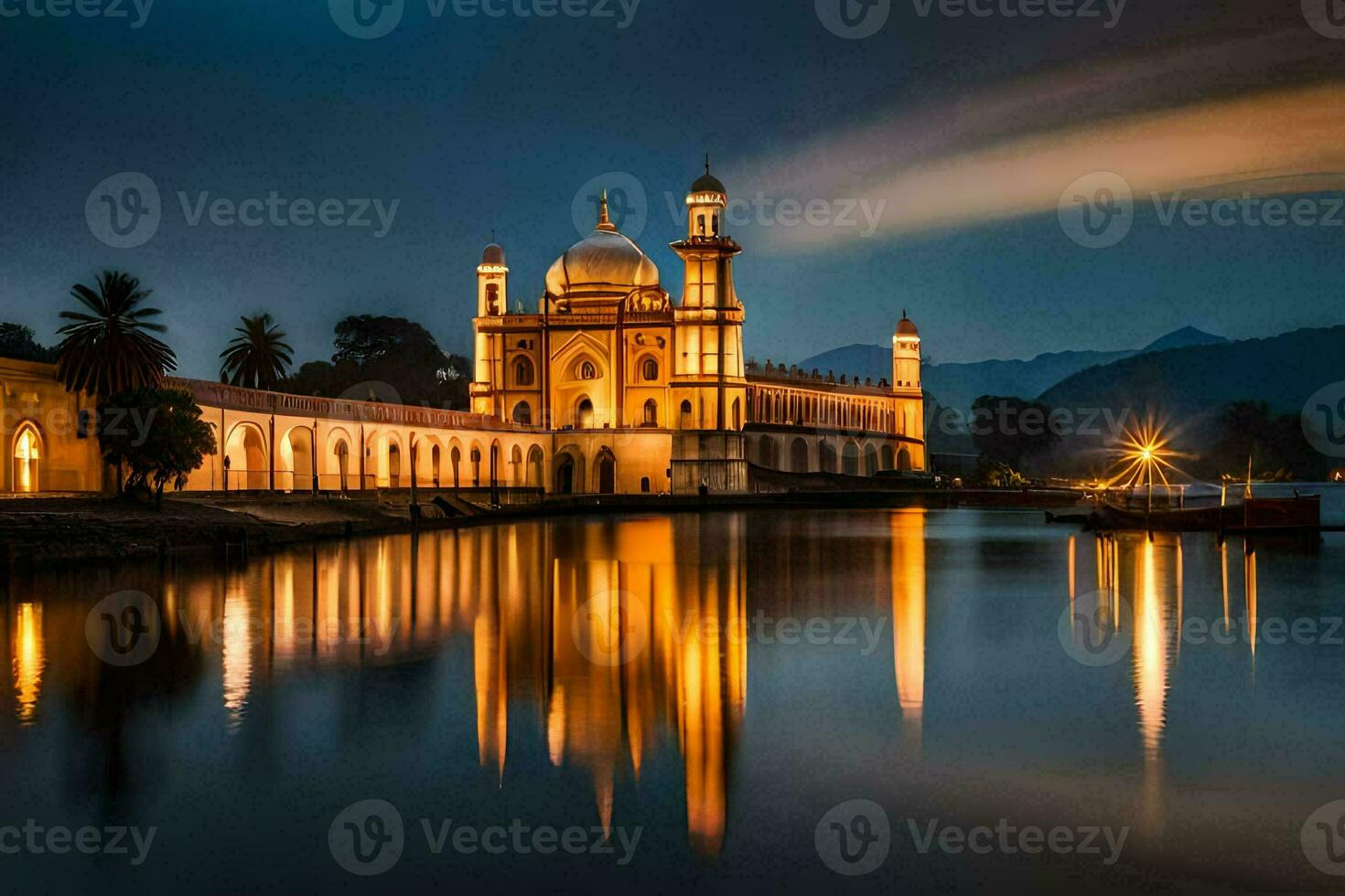the mosque is lit up at night with a boat in the water. AI-Generated photo