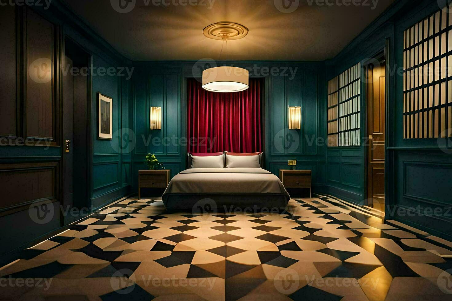 a bedroom with a bed and a checkered floor. AI-Generated photo