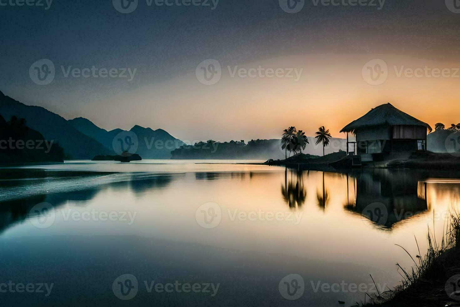 a house sits on the shore of a lake at sunset. AI-Generated photo